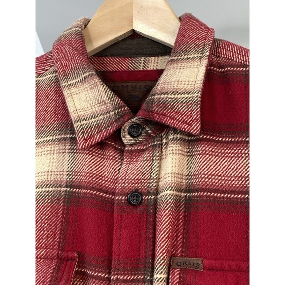 Orvis Big Bear Heavyweight Flannel Shirt Men’s L Red Check Plaid Shacket Pockets - Picture 5 of 16